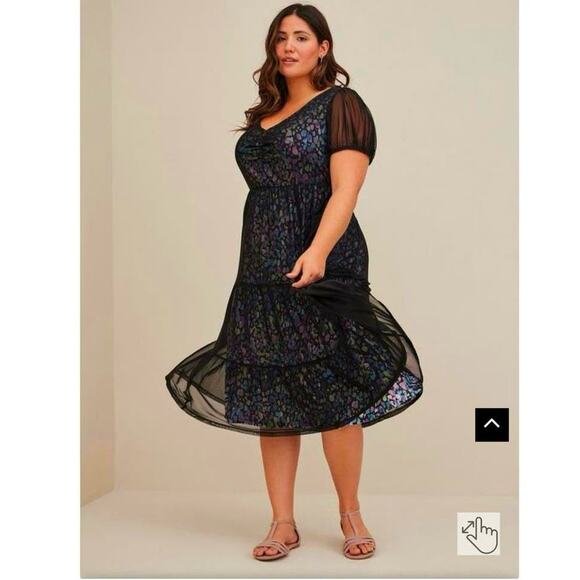 Torrid Tiered Midi Dress -‎ Soft Mesh Spotted Black Sz 0 Medium 10 - Picture 1 of 8